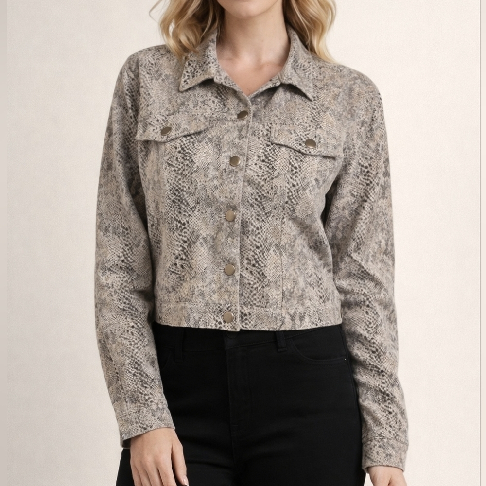 FATE Gray Python Snakeskin Faux Suede Button Down Long Sleeve Jacket
